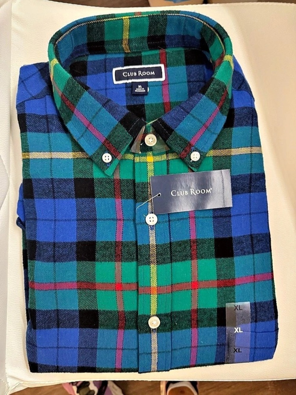 Club Room Flannel Button-Down Shirt Plaid Blue & Green XL